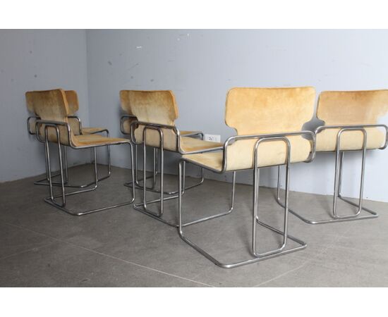 Gruppo sei sedie Willy Rizzo anni 70 In metallo e Alcantara. Design – Modernariato 