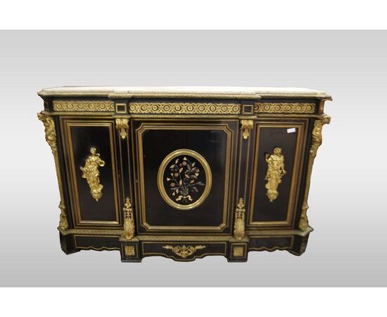 Antica servante stile Boulle francese del 1800 con ricche applicazioni in bronzo e pietre dure