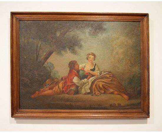 Antico quadro francese del 1800 olio su tela raffigurante scena galante