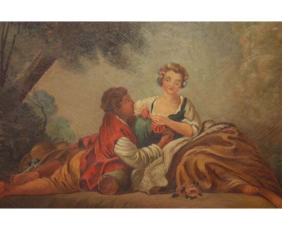 Antico quadro francese del 1800 olio su tela raffigurante scena galante