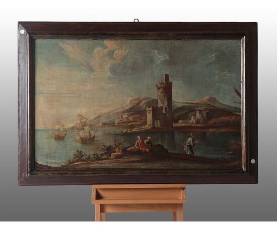 Olio su tela "Paesaggio Ligure" italiano del 1700 con cornice antica