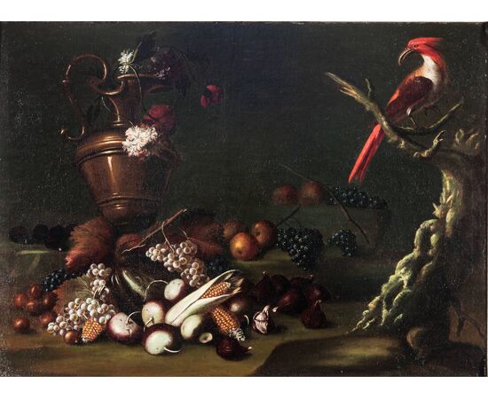 Carlo Antonio Crespi, "Natura morta con frutta, un'anfora e un pappagallo"