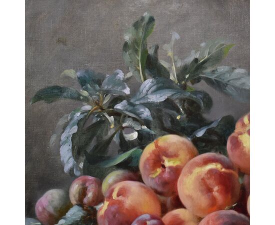 DIPINTI ANTICHI, NATURA MORTA  CON FRUTTA, CESTO DI  PESCHE E PRUGNE, OLIO SU TELA, XIX SECOLO. (QNM590)