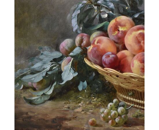 DIPINTI ANTICHI, NATURA MORTA  CON FRUTTA, CESTO DI  PESCHE E PRUGNE, OLIO SU TELA, XIX SECOLO. (QNM590)
