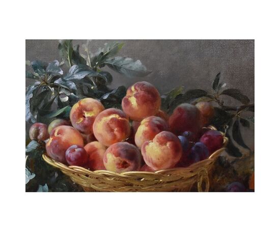 DIPINTI ANTICHI, NATURA MORTA  CON FRUTTA, CESTO DI  PESCHE E PRUGNE, OLIO SU TELA, XIX SECOLO. (QNM590)