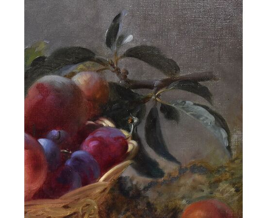 DIPINTI ANTICHI, NATURA MORTA  CON FRUTTA, CESTO DI  PESCHE E PRUGNE, OLIO SU TELA, XIX SECOLO. (QNM590)