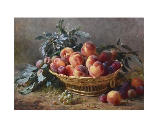 DIPINTI ANTICHI, NATURA MORTA  CON FRUTTA, CESTO DI  PESCHE E PRUGNE, OLIO SU TELA, XIX SECOLO. (QNM590)