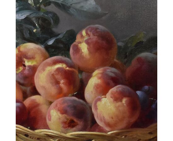 DIPINTI ANTICHI, NATURA MORTA  CON FRUTTA, CESTO DI  PESCHE E PRUGNE, OLIO SU TELA, XIX SECOLO. (QNM590)