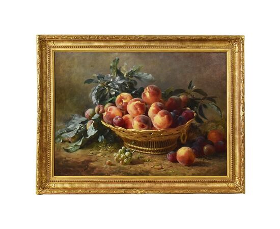 DIPINTI ANTICHI, NATURA MORTA  CON FRUTTA, CESTO DI  PESCHE E PRUGNE, OLIO SU TELA, XIX SECOLO. (QNM590)