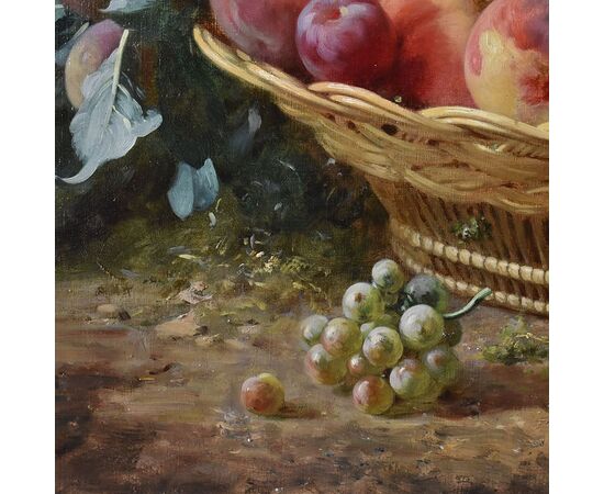 DIPINTI ANTICHI, NATURA MORTA  CON FRUTTA, CESTO DI  PESCHE E PRUGNE, OLIO SU TELA, XIX SECOLO. (QNM590)