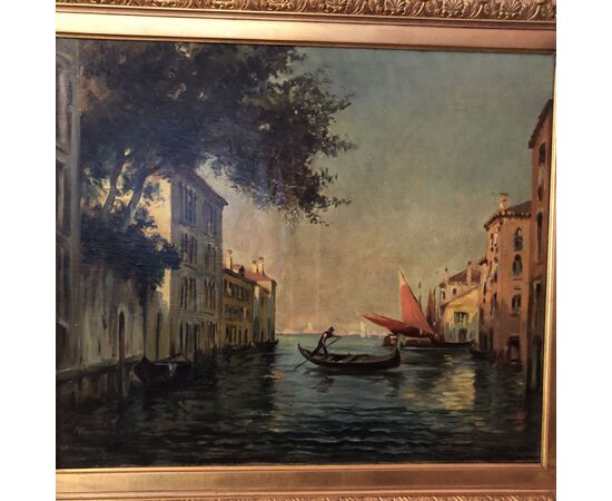 Veduta di Venezia, con  una gondola e una barca a vela sul canale