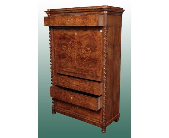 Secretaire Carlo X in piuma di mogano del 1800