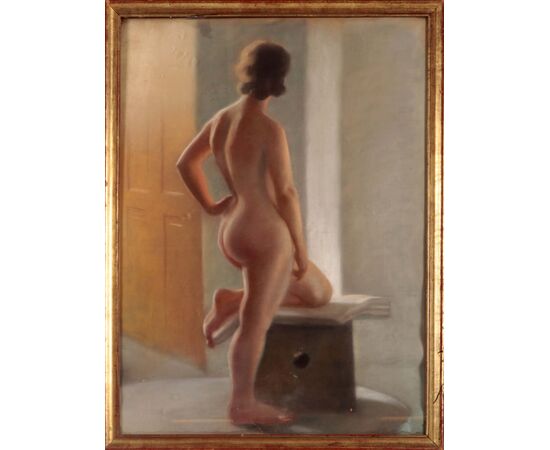 Pastello su cartone nudo femminile di inizio 1900 con cornice dorata