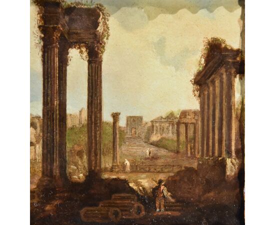 Il foro romano/ Veduta romana di fantasia con tempio rotondo, Hubert Robert (Parigi, 1733 – Parigi, 1808)