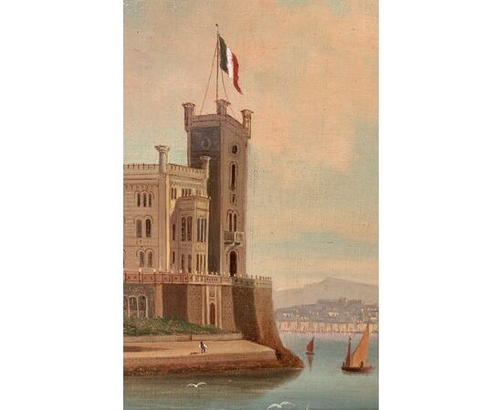 Pittore italiano (inizi XX sec.) - Trieste, veduta del Castello di Miramare con la bandiera italiana.