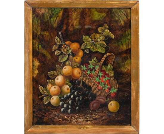 J. Clays (British, XIX-XX sec.) - Natura morta con cesto di frutta.