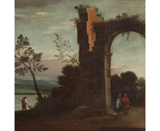 Italian painting landscape with characters and ruins from 18th century