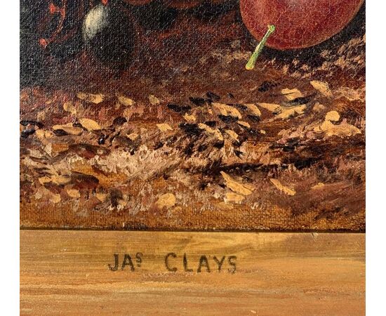 J. Clays (British, XIX-XX sec.) - Natura morta con cesto di frutta.