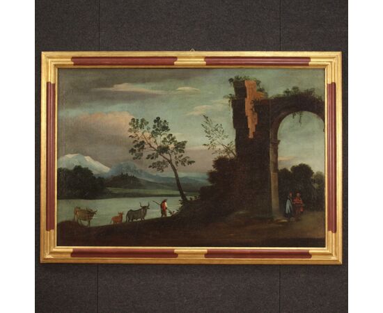 Italian painting landscape with characters and ruins from 18th century