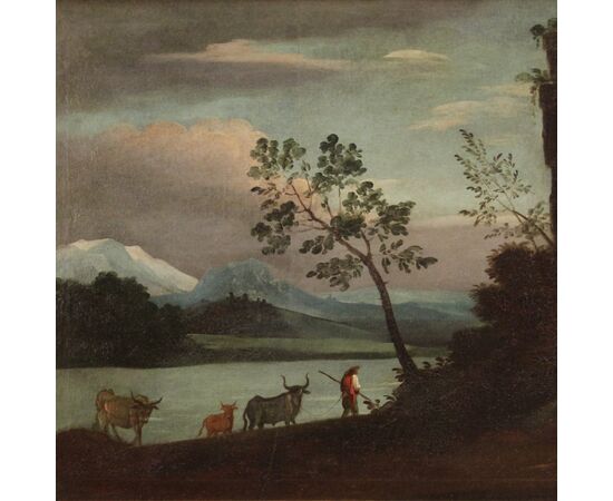 Italian painting landscape with characters and ruins from 18th century