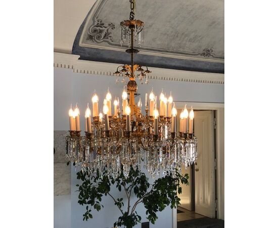 BRONZE AND CRYSTAL CHANDELIER     