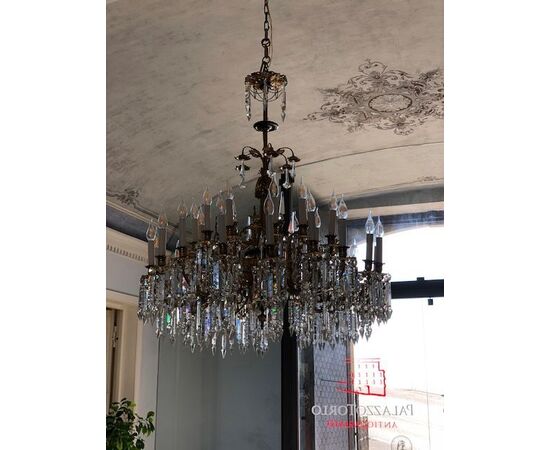 BRONZE AND CRYSTAL CHANDELIER     