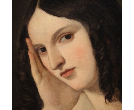 Antique painting portrait of a young lady from the 19th century