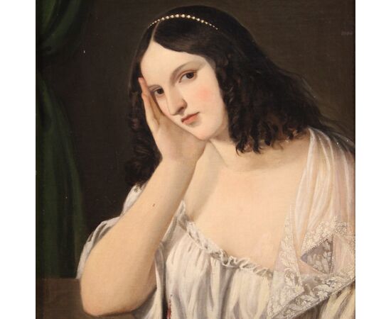 Antique painting portrait of a young lady from the 19th century