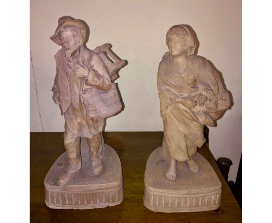 Pair of terracotta sculptures depicting peasants.Signed by Cav.G.Vaccaro (1807-1889) .Caltagirone.     