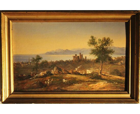 "Vista su Cannes" firmato J.D olio su cartone XIX sec.