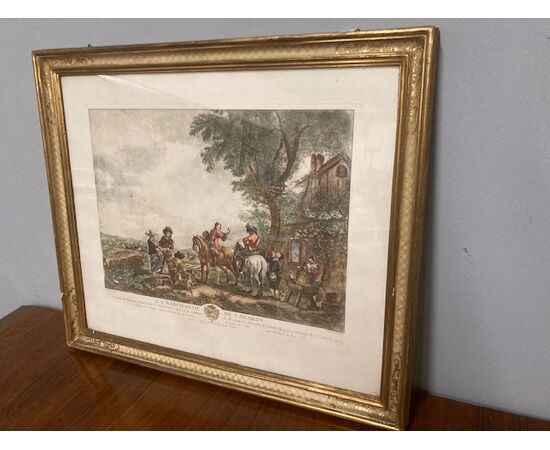 Antica incisione acquarellata del 1762 “ Le Marcande de Canards “ Francia  in cornice mis : 65 x 56 