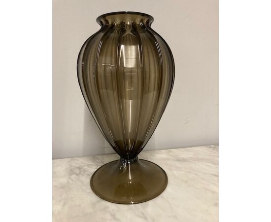 Antico grande vaso  vetro  Murano Costolato primi 900 color Ambra cm 41 