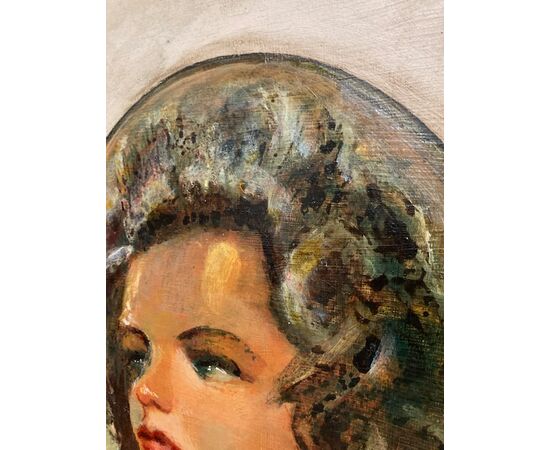 :  Dipinto olio su cartoncino in cornice laccato “ Volto di Donna “ P. Salatini anni 50 mis 63 x 64 