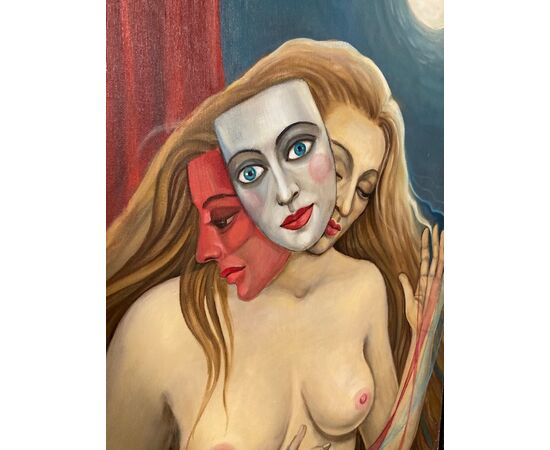 Dipinto olio su tela surrealista XX secolo Conchita Amata . “ Donna e maschere “ mis : 80 x 70 