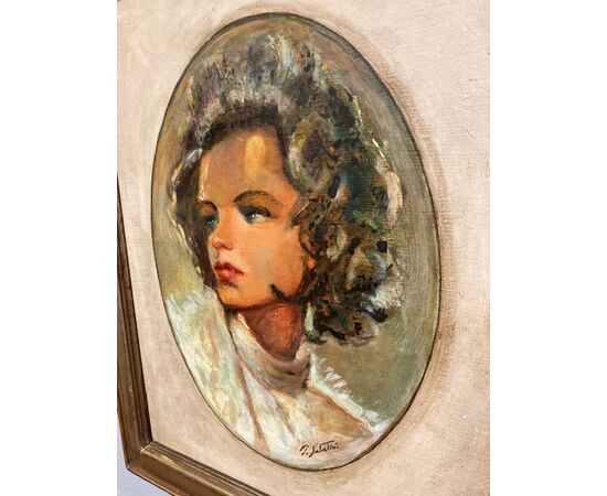 :  Dipinto olio su cartoncino in cornice laccato “ Volto di Donna “ P. Salatini anni 50 mis 63 x 64 