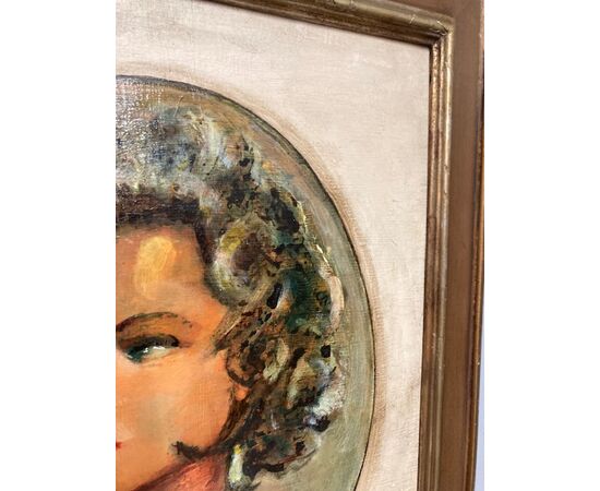 :  Dipinto olio su cartoncino in cornice laccato “ Volto di Donna “ P. Salatini anni 50 mis 63 x 64 