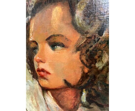 :  Dipinto olio su cartoncino in cornice laccato “ Volto di Donna “ P. Salatini anni 50 mis 63 x 64 