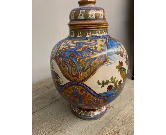 Antico grande vaso Potiche Santarelli Gualto Tadino Liberty con Gallo Altezza cm 48 