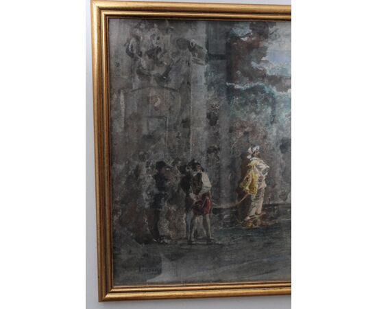 Antico Dipinto Acquarello Filippo Carcano (Milano 1840 – 1914 ) XIX sec mis 36 x 25 “ Plebe e nobiltà “