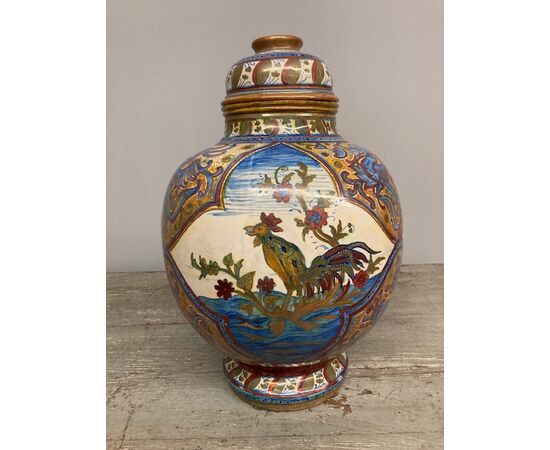 Antico grande vaso Potiche Santarelli Gualto Tadino Liberty con Gallo Altezza cm 48 