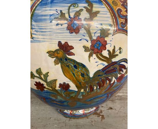 Antico grande vaso Potiche Santarelli Gualto Tadino Liberty con Gallo Altezza cm 48 