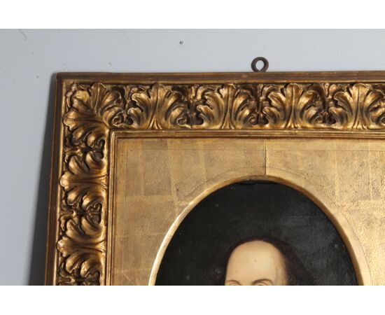 Antico Dipinto olio su tela Shakespeare in Cornice cartapesta e foglia oro . Mis 85 x 73