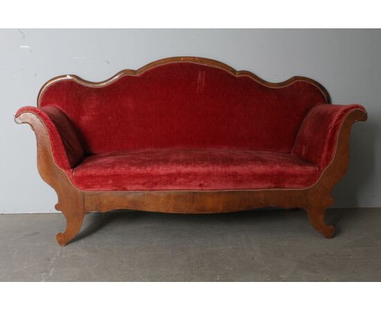 Antico divano Luigi Filippo 1850  noce  elegante. Velluto rosso . Mis L 193 x 68 