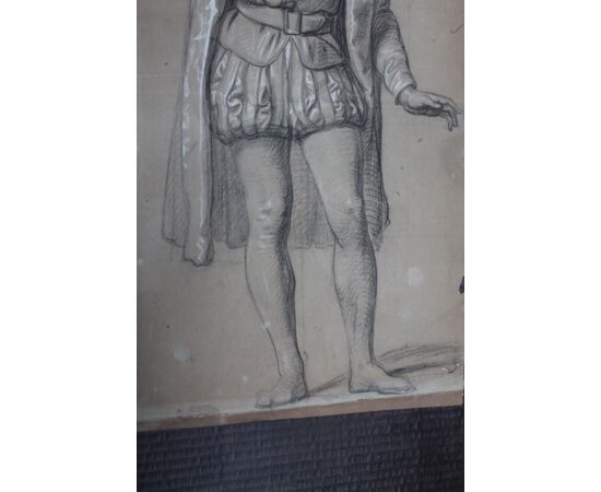 Antico disegno XIX nobile in costume d’ epoca in cornice antica foglia oro . Mis 96 x 59 