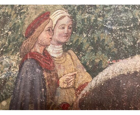 Antico  DIPINTO strappo d’ affresco raffiguranti Nobili a Cavallo e Castello . Umberto Giunti Siena. Epoca XX SEC MIS 131 X 74 