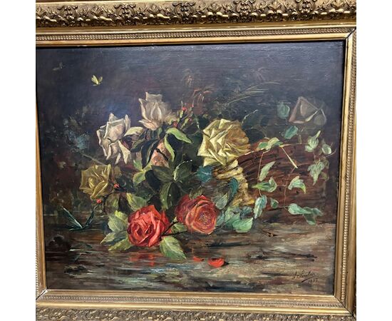 Antica coppia di dipinti olio su tela fiori epoca 1892 . Mis 82 x 72 . Firmati in cornice antica dorata. 