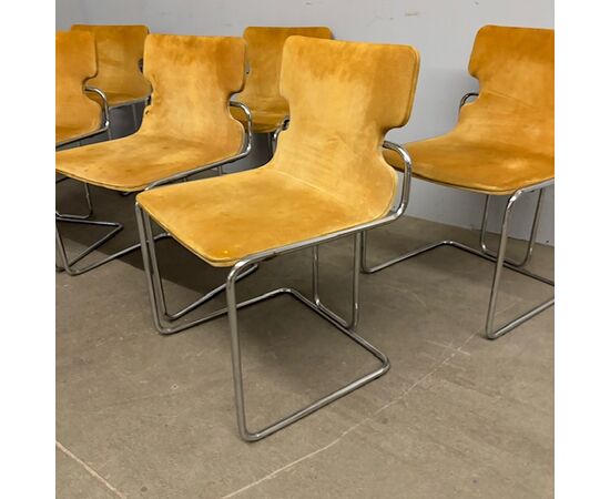 Gruppo sei sedie Willy Rizzo anni 70 In metallo e Alcantara. Design – Modernariato 