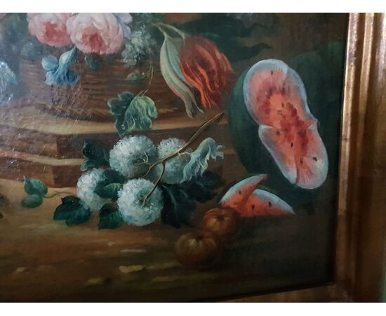 COPPIA NATURE MORTE FIORI E FRUTTA