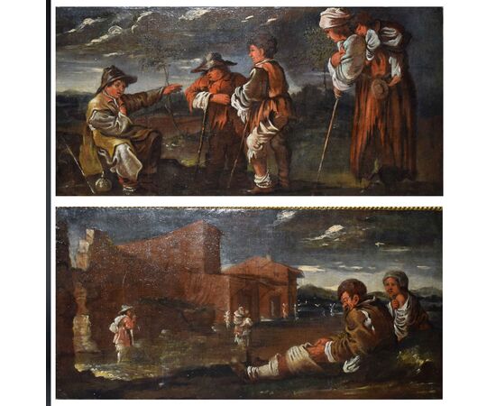 Matteo Ghidoni detto dei pitocchi attr.(1626 ca. - 1689) Coppia di scene popolaresche con pitocchi