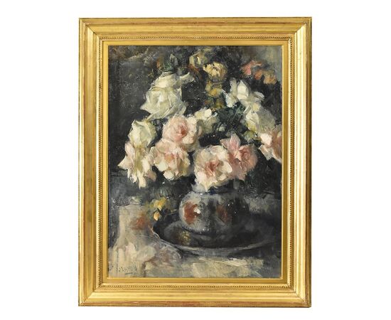 QUADRI ANTICHI, NATURA MORTA CON FIORI DI ROSE, OLIO SU TELA, ART DECO, XX SECOLO. (QF614)